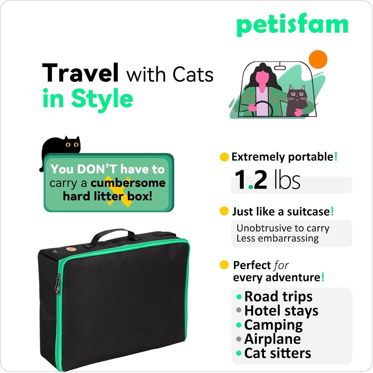 Portable Travel Litter Box for Easy Drive with Kitty and Cats. Lightweight, Sturdy, Leak-Proof, Collapsible
